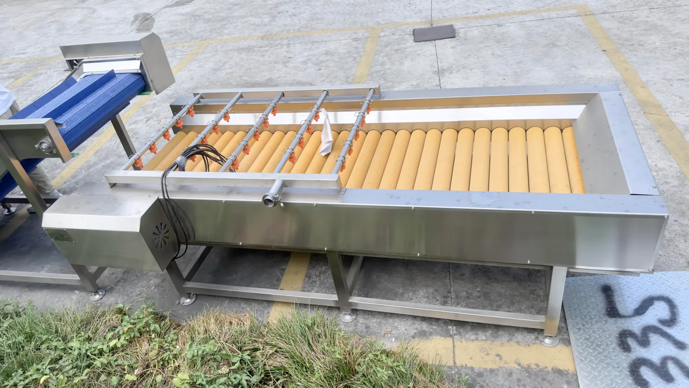 Stainless brush fruit washer with spray bar and inclined discharge