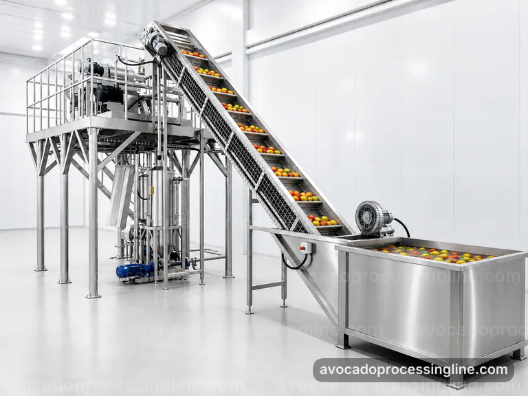 industrial avocado processing line, process scope and configuration: flesh recovery with peel rejection section connection view