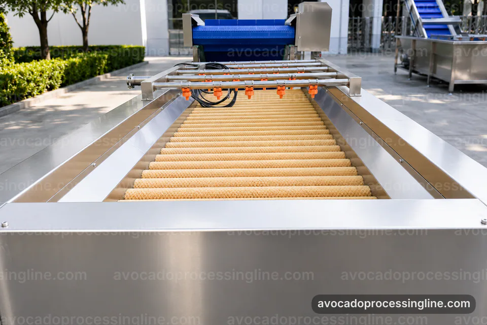 industrial avocado processing line, process scope and configuration: avocado destoner and peeler operating stage