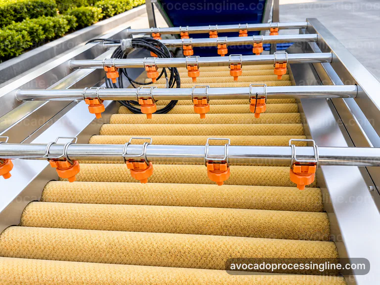 industrial avocado processing line, hygienic design: flesh recovery with peel rejection section connection view