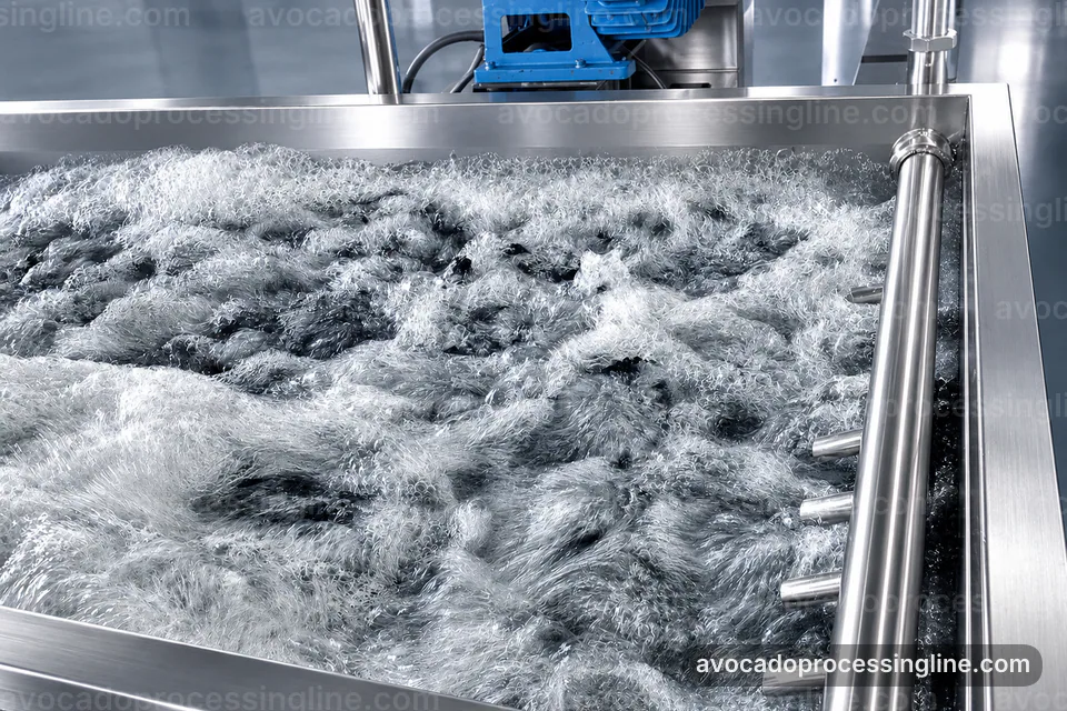 industrial avocado processing line, hygienic design: avocado destoner and peeler operating stage