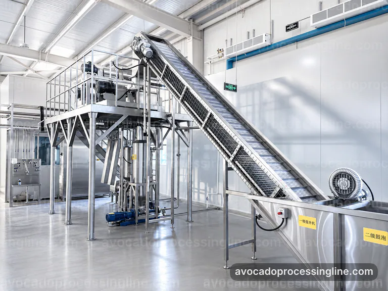 industrial avocado processing line, plant integration: avocado destoner and peeler connection view
