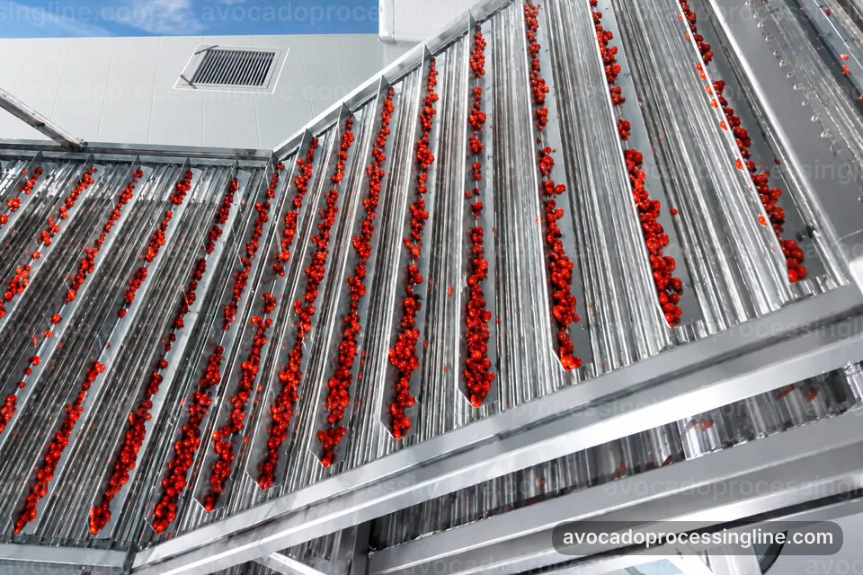 industrial avocado processing line, plant integration: flesh recovery with peel rejection section operating stage