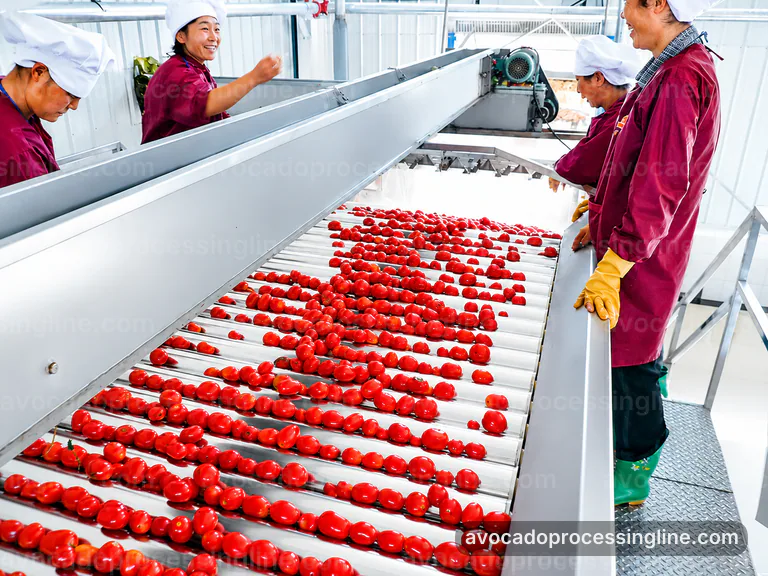 industrial avocado processing line, applied process engineering: flesh recovery with peel rejection section connection view