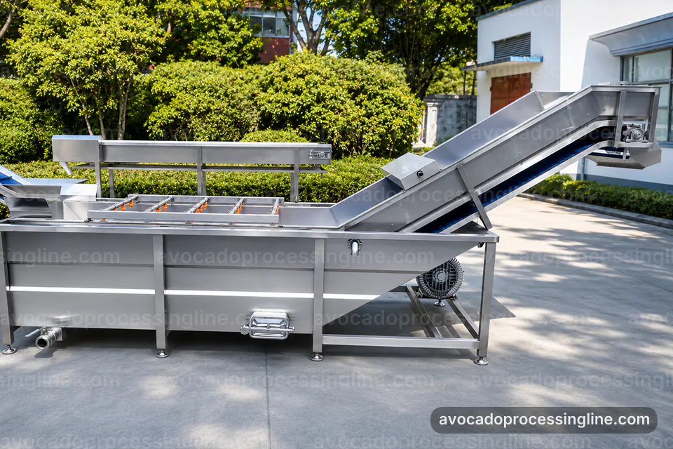 industrial avocado processing line, applied process engineering: avocado destoner and peeler operating stage