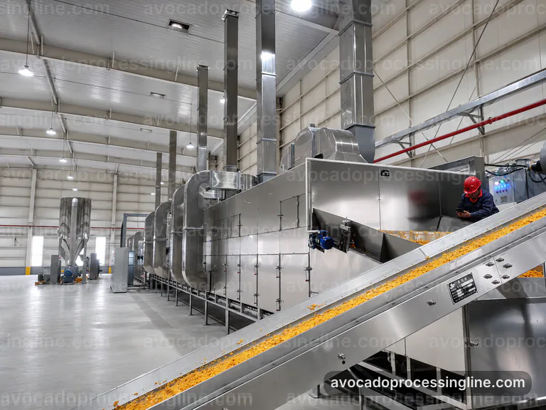 industrial avocado processing line, feed and output handling: flesh recovery with peel rejection section connection view