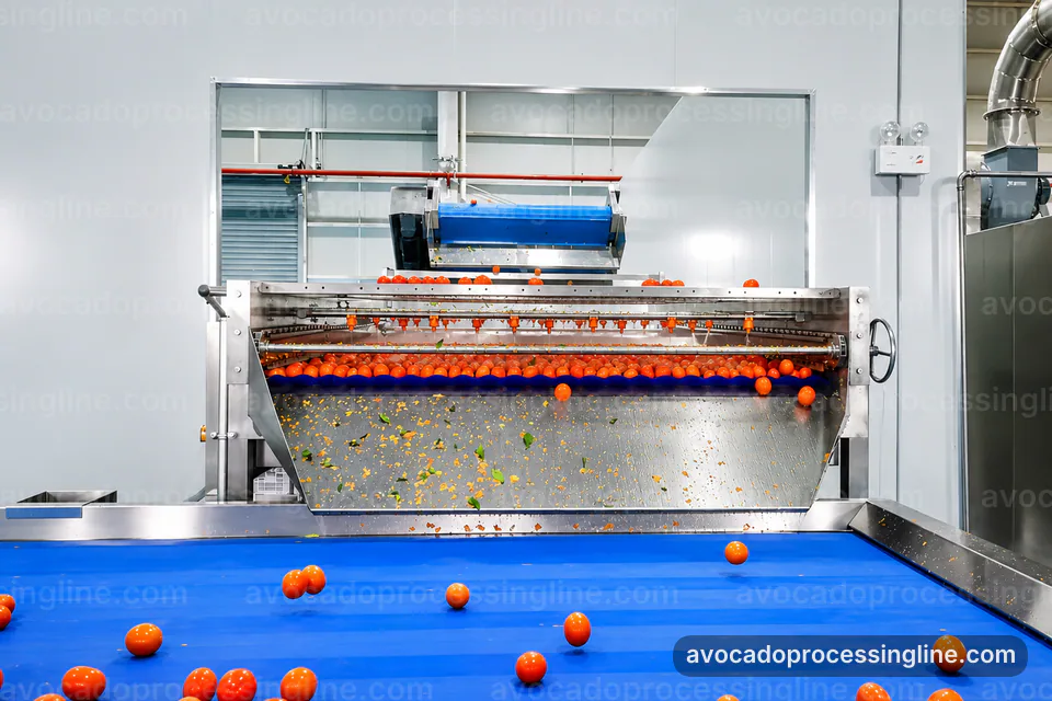Industrial Avocado Processing Line: Process Sequence Operating Stage industrial avocado processing line, process sequence: flesh recovery with peel rejection section operating stage