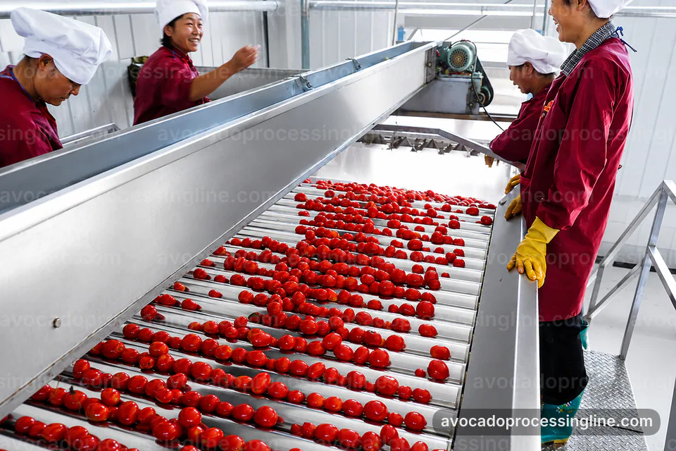 industrial avocado processing line, selection criteria: flesh recovery with peel rejection section operating stage