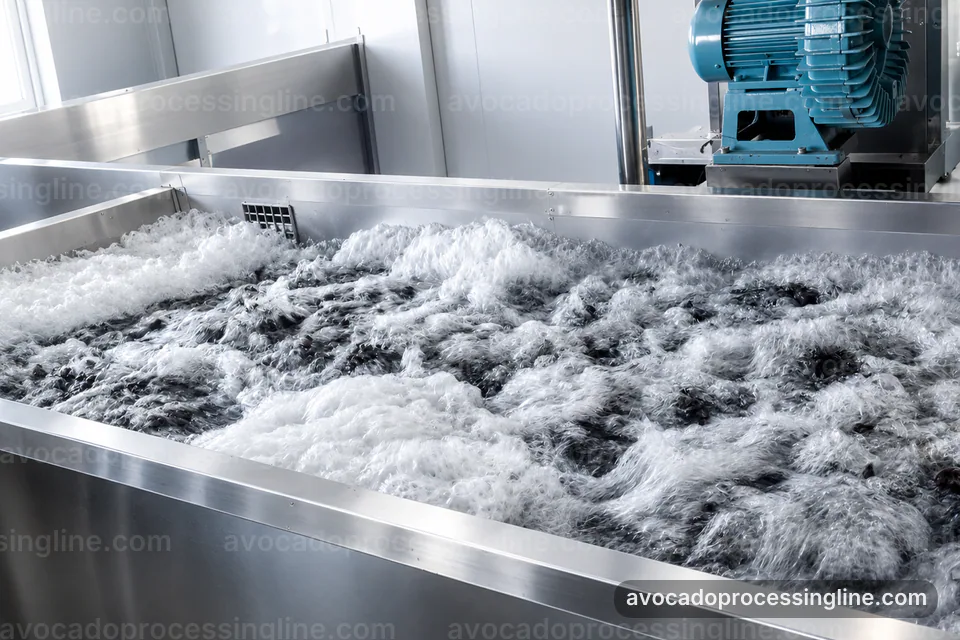 Industrial Avocado Processing Line: Configuration Options Operating Stage industrial avocado processing line, configuration options: flesh recovery with peel rejection section operating stage