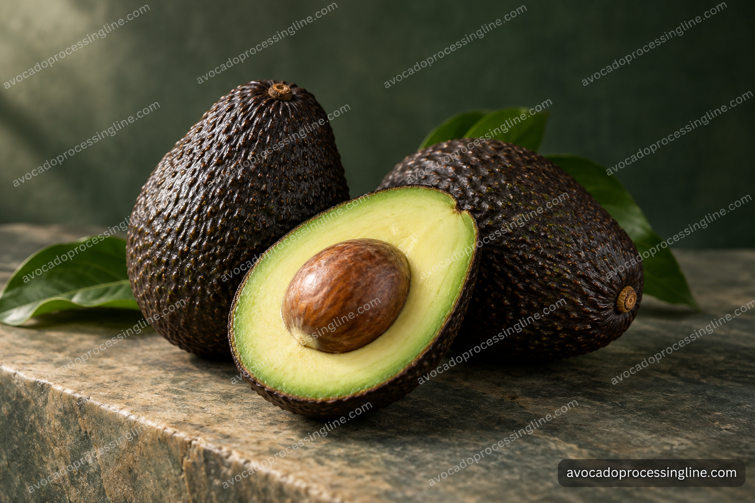 AI-generated presentation of whole and halved Hass avocados